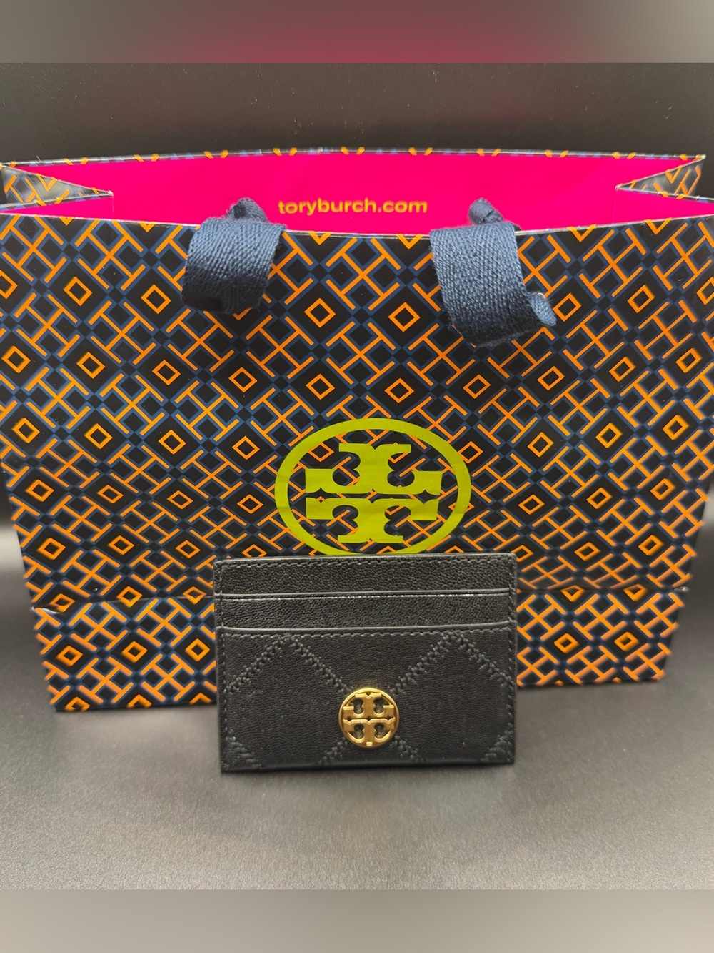 Tory Burch Black Quilted Card Holder with Gold Logo Accent
